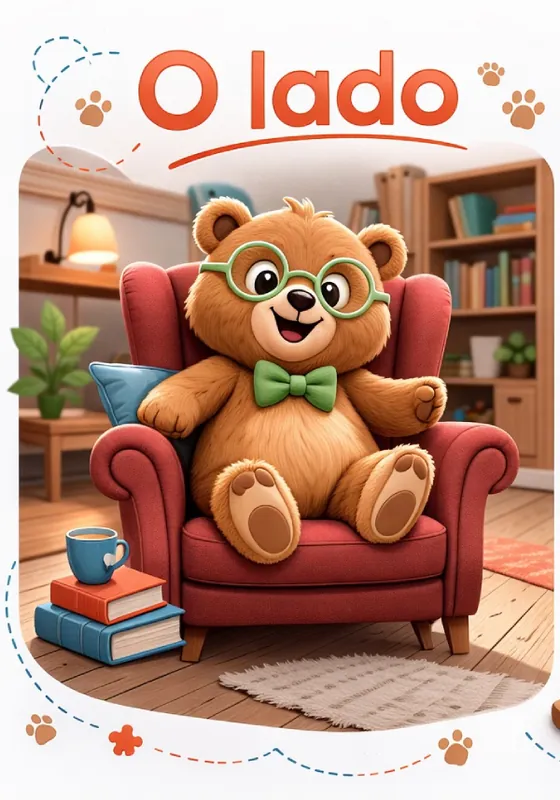 Ilustração de urso mascote da Urso Cognitivo lendo em uma poltrona